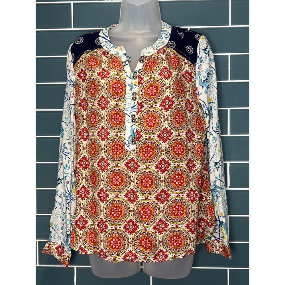 ANTHROPOLOGIE‎ MAEVE RED WHITE BLUE FLORAL MANDALA HENLEY LONG SLEEVE TOP SIZE 6